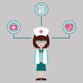 A female nurse with healthcare medical icons. Vector isolated illustration